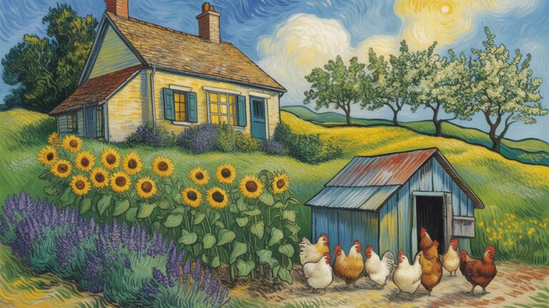 A Van Gogh style illustration of a small homestead with a house on a hill. To the right in front of the house is a small chicken coop with chickens and sunflowers beside it. Behind and to the right of the house are apple trees. The background features a light blue sky with wispy clouds. No text