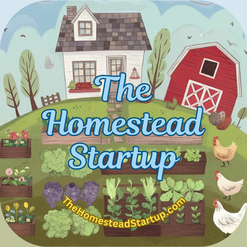an illustration of a homestead on a hill, with red barn, some chickens and a raised bed garden